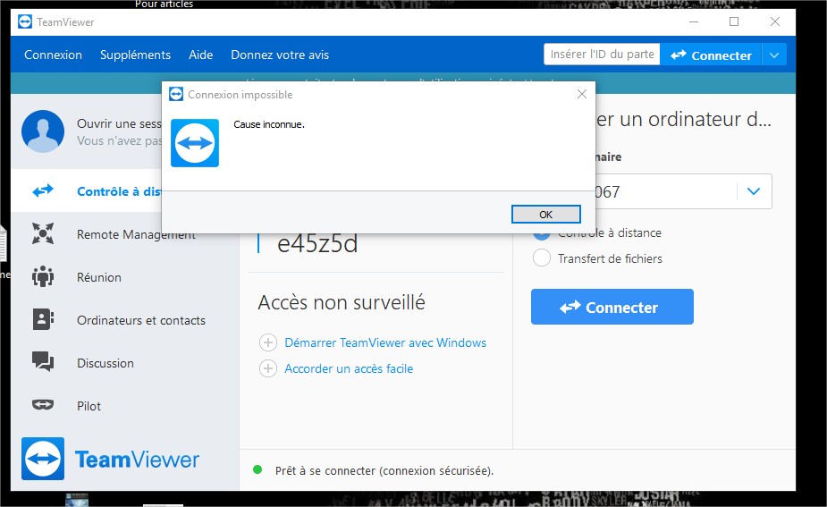 TeamViewer connexion impossible, cause inconnue TeamViewer connexion impossible, cause inconnue