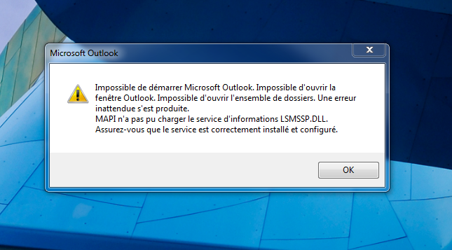 Message d'erreur Zimbra Outlook Connector MAPI n'a pas pu charger le service d'informations LSMSSP.DL